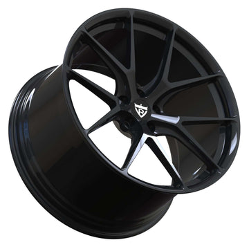 Custom black forged wheel with y-spoke design, lightweight and compatible with Ferrari aftermarket applications.